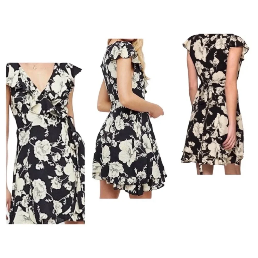Free People Black Wrap Dress with Cream Floral Print Ruffled Mini Dress size XS